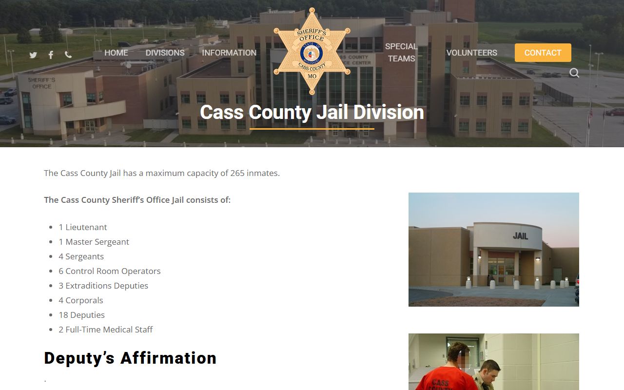 Cass County Sheriff's Office Jail Division page showing jail capacity and staffing
