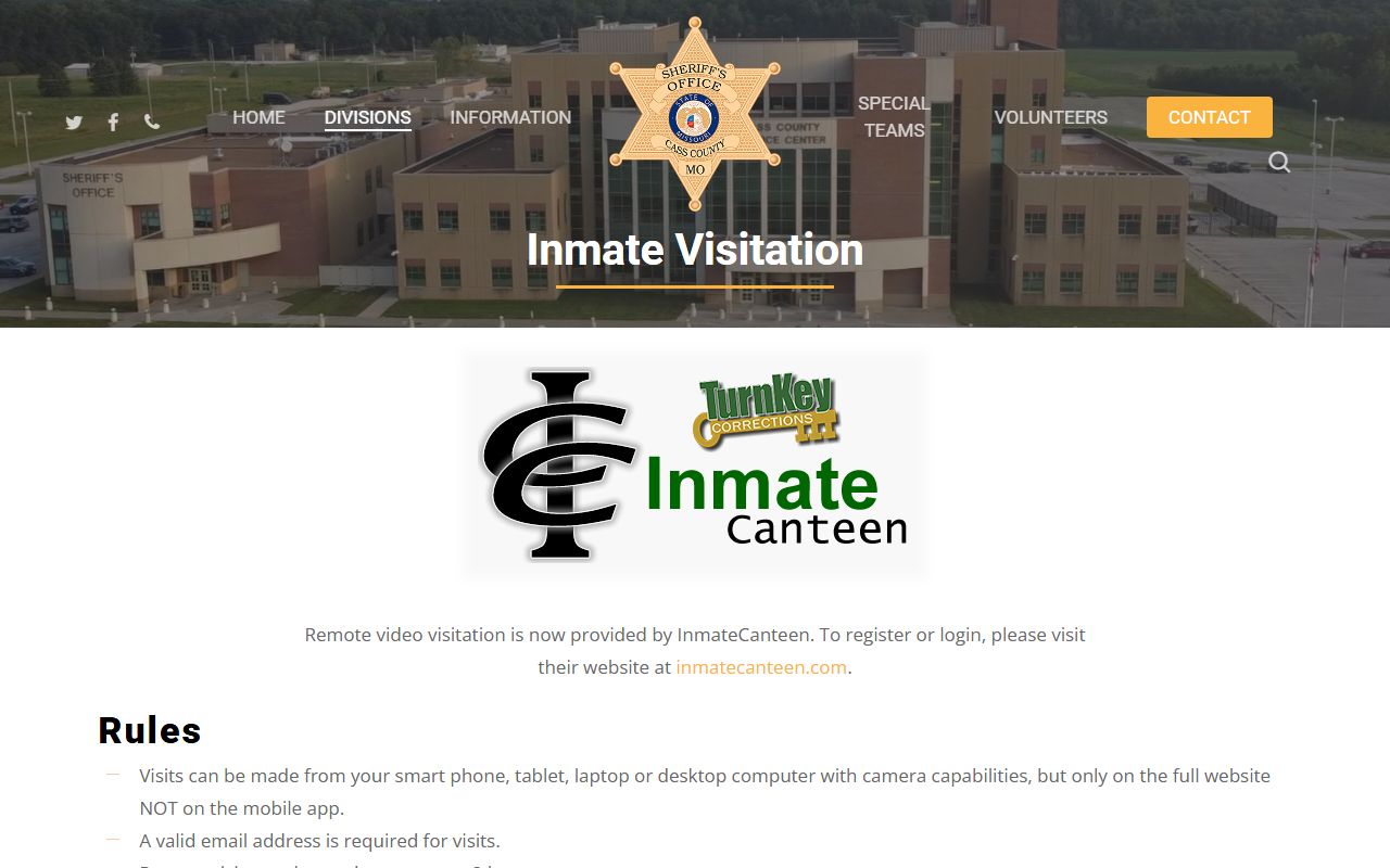 Cass County Sheriff's Office visitation page with InmateCanteen video visitation rules