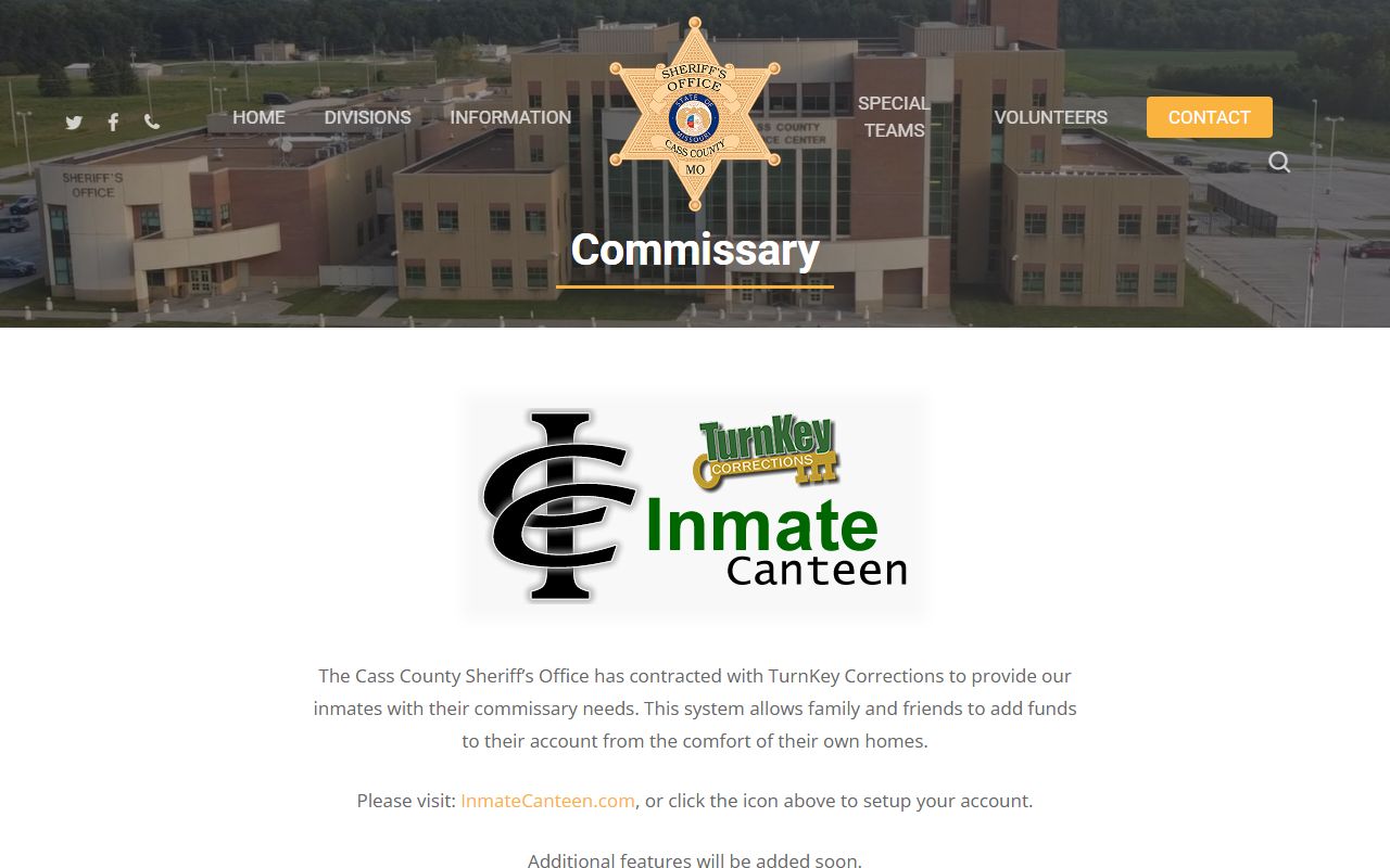 Cass County Sheriff's Office commissary page for TurnKey Corrections and InmateCanteen deposits