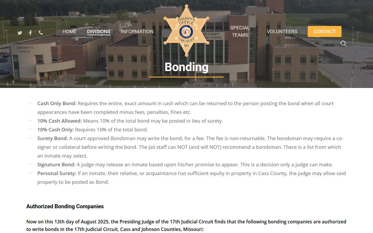 Cass County Sheriff's bonding page with bond type definitions