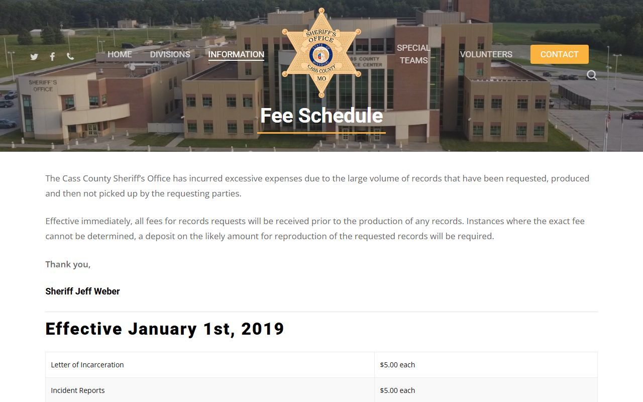 Cass County records fee schedule for arrest reports and record production