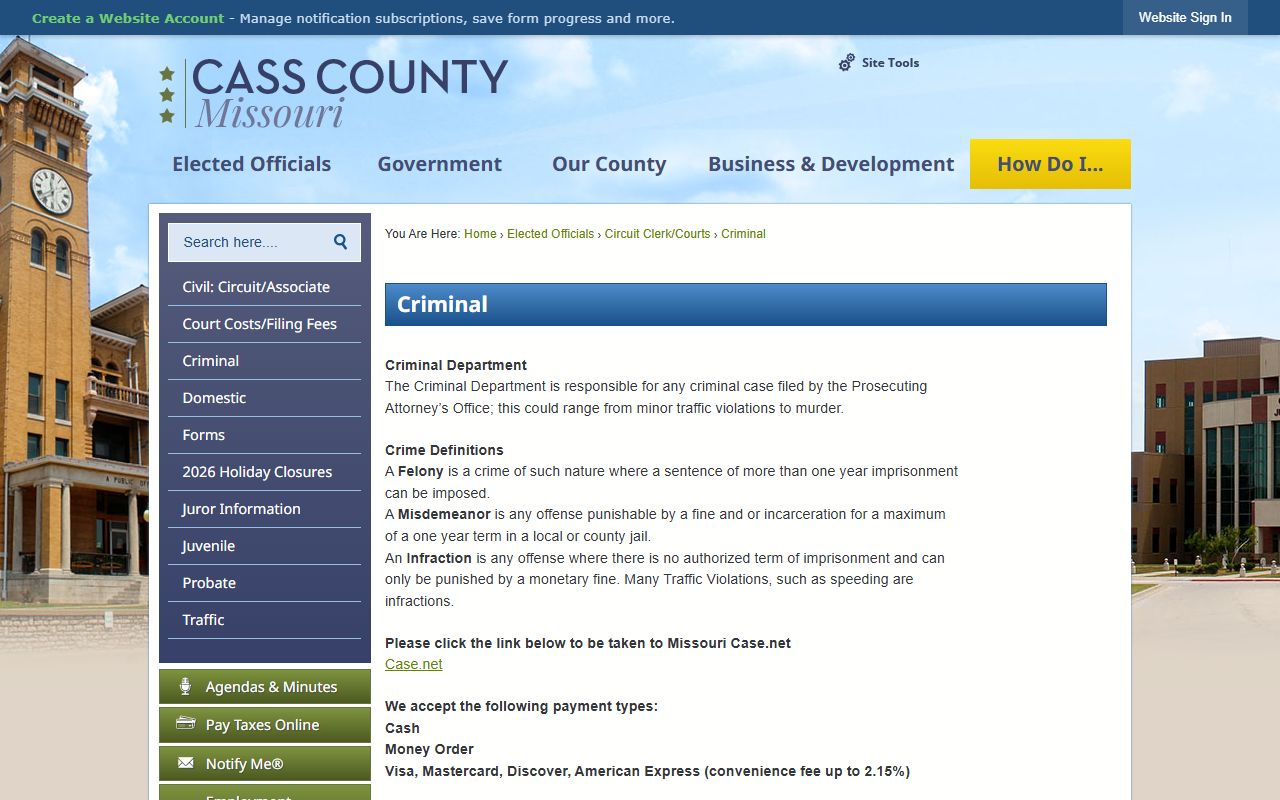 Cass County Criminal Department page with Case.net information